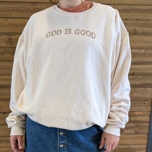 Cream 'Good Is Good' Sweatshirt with Mid-Blue Button-Front Denim Skirt